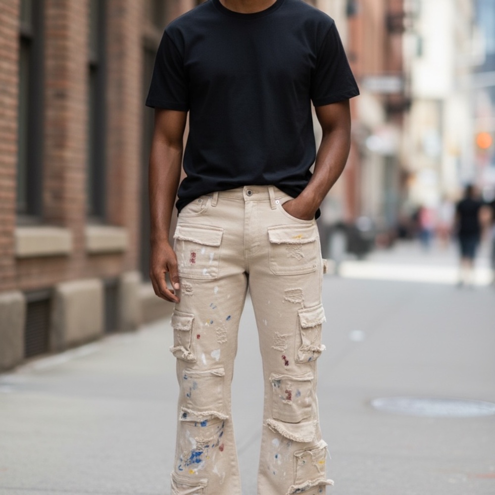 Stacked Distressed Flate Denim Jeans Beige (Rockstar)